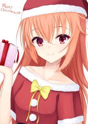 1girl :3 absurdres alternate_costume blush bow bowtie box breasts closed_mouth collarbone commentary eyelashes fur-trimmed_shirt fur-trimmed_sleeves fur_trim gift gift_box hair_between_eyes hair_down hand_up happy hat heart highres holding holding_gift inaba_meguru kiki0319i long_hair looking_at_viewer merry_christmas orange_hair pom_pom_(clothes) red_eyes red_ribbon red_shirt ribbon sanoba_witch santa_costume santa_hat shirt short_sleeves sidelocks simple_background small_breasts smile solo split_mouth upper_body white_background yellow_bow yellow_bowtie