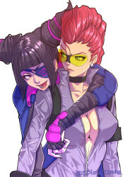 1girl 2girls black_hair blunt_bangs braid breasts choker cleavage crimson_viper cross cross_earrings earrings eyepatch fang fingerless_gloves gloves hair_horns han_juri jewelry large_breasts long_hair multiple_girls pompadour purple_eyes red_hair single_braid street_fighter sunglasses tinted_eyewear tsuna_(akmu8832)