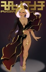 Rule 34 | 1boy, absurdres, asymmetrical dress, black dress, blonde hair, chest tattoo, clothing cutout, combos &amp; doodles, cover, dark-skinned male, dark skin, dress, fake magazine cover, fingernails, full body, glint, gold lips, gold nails, gold ring, gold trim, hair ornament, highres, light smile, lipstick, long hair, magazine cover, makeup, male focus, mole, mole on stomach, mole under mouth, nail polish, navel, navel piercing, nervous, octoling, original, piercing, platform shoes, pointy ears, side slit, single bare leg, solo, standing, sweatdrop, takoko yakisoba (combos &amp; doodles), tattoo, tentacle hair, toenail polish, toenails, trap