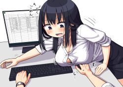 1boy 1girl black_skirt blush breasts button_gap collared_shirt computer_keyboard computer_mouse highres inconvenient_breasts large_breasts leaning_forward looking_down maruput monitor office_lady open_mouth original pencil_skirt pov pov_hands reaching shirt skirt sleeves_rolled_up spreadsheet sweatdrop watch white_shirt wristwatch