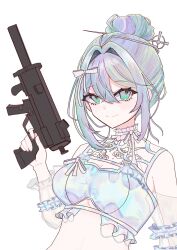 1girl breasts bustier chinese_hairpin commission green_eyes gun hair_bun hair_intakes hair_ornament hairpin highres holding holding_gun holding_weapon holographic_hair indie_virtual_youtuber lingerie looking_at_viewer midriff multicolored_hair nasuke_l_nuwa official_alternate_costume official_alternate_hairstyle pale_skin see-through_clothes see-through_sleeves sidelocks skeb_commission small_arms small_breasts smile solo straight-on submachine_gun underwear upper_body virtual_youtuber weapon white_background yuy_(vtuber)
