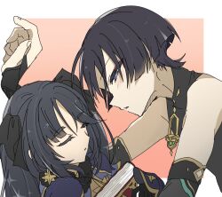 1boy 1girl armor black_bodysuit black_bow black_bridal_gauntlets black_gloves black_hair blunt_ends bodysuit book border bow bridal_gauntlets closed_eyes earrings eyelashes eyeliner eyeshadow fingernails fur_collar genshin_impact gloves gold_trim hair_bow half-closed_eyes hand_up highres holding holding_book imminent_kiss iris_hapic japanese_armor jewelry kote kurokote light_blush long_hair looking_at_another makeup mona_(genshin_impact) multicolored_hair open_mouth pink_background purple_eyes purple_sleeves red_eyeliner red_eyeshadow scaramouche_(genshin_impact) sidelocks sideways_mouth sketch sleeping star_(symbol) star_earrings star_ornament star_print streaked_hair twintails wanderer_(genshin_impact) white_border white_hair