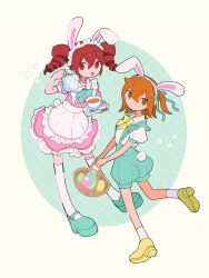 2girls a.i._voice adachi_rei alternate_costume animal_ears apron aqua_bow aqua_bowtie aqua_shoes aqua_shorts basket bow bowtie closed_mouth commentary cup dress drill_hair easter easter_egg egg fake_animal_ears frilled_apron frills full_body hair_between_eyes hair_ribbon holding holding_basket holding_cup holding_teapot jacket kasane_teto looking_at_viewer maid_headdress multiple_girls one_side_up open_clothes open_jacket orange_eyes orange_hair pink_dress puffy_short_sleeves puffy_shorts puffy_sleeves rabbit_ears rabbit_tail red_eyes red_hair ribbon s1ho_(ukiy0u0) shirt shoes short_dress short_sleeves shorts smile socks suspender_shorts suspenders symbol-only_commentary tail teacup teapot thighhighs twin_drills utau waist_apron white_apron white_shirt white_socks white_thighhighs yellow_bow yellow_bowtie yellow_shoes