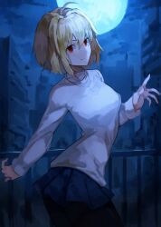 Rule 34 | 1girl, ahoge, arcueid brunestud, black pantyhose, blonde hair, blue skirt, building, city, highres, jewelry, looking at viewer, looking back, nasubin (nasubisamurai15), necklace, night, night sky, pantyhose, red eyes, short hair, skirt, sky, smile, sweater, tsukihime, tsukihime (remake), turtleneck, turtleneck sweater, white sweater