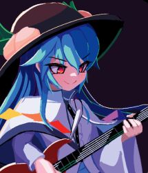 1girl alternate_costume black_background black_hat blue_hair brodall_pixel buttons capelet center_frills collared_capelet electric_guitar food frills fruit fruit_hat_ornament guitar hair_between_eyes hat hat_ornament hinanawi_tenshi holding holding_instrument instrument long_hair long_sleeves looking_at_object music peach peach_hat_ornament playing_guitar playing_instrument rainbow_gradient red_eyes shirt simple_background smile touhou white_capelet wide_sleeves