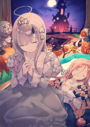 2girls :o abigail_williams_(fate) absurdres candy candy_cane closed_eyes coffin curtains daisi_gi dress fake_halo fate/grand_order fate_(series) flower flower_necklace food grey_dress grey_hair hair_between_eyes halloween halo hands_on_own_chest highres horns jack-o&#039;-lantern jewelry juliet_sleeves lavinia_whateley_(fate) long_hair long_sleeves lying matching_outfits moon multiple_girls mummy necklace night night_sky on_back orange_hair own_hands_clasped own_hands_together puffy_sleeves pumpkin single_horn sitting sky tiara