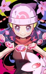 beanie black_background black_shirt blue_eyes blue_hair dawn_(pokemon) dialga gem gen_4_pokemon hat highres inana_umi legendary_pokemon nintendo palkia pokemon pokemon_dppt red_scarf scarf shirt simple_background solo_focus upper_body white_hat