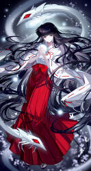 1girl absurdres artist_name black_hair blunt_bangs brown_eyes hakama highres inuyasha japanese_clothes kikyou_(inuyasha) kimono long_hair long_sleeves looking_at_viewer red_hakama sheya signature socks very_long_hair white_kimono white_socks wide_sleeves