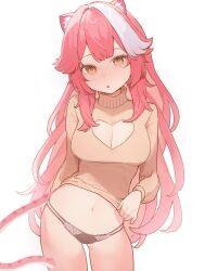 1girl animal_ears black_panties blush breasts brown_sweater cleavage cleavage_cutout clothing_cutout commentary heart_cutout highres hololive hololive_english large_breasts long_hair long_sleeves looking_at_viewer multicolored_hair navel no_pants open_mouth panther_ears panther_girl panther_tail panties pink_hair raora_panthera simple_background solo stomach streaked_hair sweater szuukie tail thighs turtleneck turtleneck_sweater two-tone_hair underwear virtual_youtuber white_background white_hair yellow_eyes