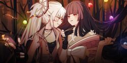 Rule 34 | 2girls, absurdres, alternate costume, bamboo, between fingers, black gloves, black undershirt, bow, brown hair, choker, clenched teeth, commentary, ear piercing, english commentary, eye contact, fingerless gloves, fire, fujiwara no mokou, gloves, grey hair, hair bow, highres, holding, holding smoking pipe, houraisan kaguya, japanese clothes, kimono, kiseru, long hair, looking at another, multiple girls, off shoulder, official art, ofuda, ofuda between fingers, piercing, pink kimono, ponytail, red eyes, sleeveless, smoking pipe, suspenders, takki (takkiko), teeth, touhou, touhou hero of ice fairy, very long hair