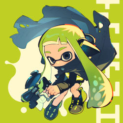 1girl agent_3_(splatoon) behind-the-head_headphones bike_shorts black_jacket black_shoes black_shorts blue_cape blue_eyes cape chibi chibi_only ebifurai_(15121299912) floating_cape full_body green_background green_hair headphones hero_shot_(splatoon_1) high-visibility_clothing high-visibility_vest holding holding_weapon inkling jacket long_hair long_sleeves looking_at_viewer nintendo no_mouth shoes shorts solo splatoon_(series) tentacle_hair torn_cape torn_clothes twintails very_long_hair weapon
