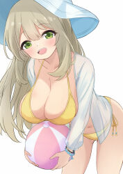 1girl ball beachball bikini blue_archive blush bracelet breasts brown_hair cleavage collarbone cowboy_shot double-parted_bangs green_eyes hanging_breasts happy hat highres holding holding_ball holding_beachball jewelry kouyatsutou large_breasts leaning_forward long_hair looking_at_viewer navel nonomi_(blue_archive) nonomi_(swimsuit)_(blue_archive) open_clothes open_mouth open_shirt see-through_clothes see-through_shirt shirt side-tie_bikini_bottom simple_background smile solo straight_hair sun_hat swimsuit teeth tongue upper_teeth_only white_background white_shirt yellow_bikini