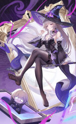 1girl absurdres ascot bare_shoulders black_dress black_hat black_sleeves breasts brown_hair commentary crossed_legs detached_sleeves dress feet flower grey_pantyhose hair_ribbon hand_up hat hat_flower herta_(honkai:_star_rail) highres honkai:_star_rail honkai_(series) jewelry key key_necklace long_hair looking_at_viewer medium_breasts mxr nail_polish necklace no_shoes pantyhose parted_lips purple_eyes purple_flower purple_nails purple_ribbon ribbon sitting smile soles solo the_herta_(honkai:_star_rail) very_long_hair white_ascot witch_hat