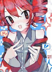 1girl absurdres bare_shoulders blush buttons collared_shirt drill_hair grey_shirt highres kasane_teto kasane_teto_(sv) looking_at_viewer off_shoulder open_mouth red_eyes red_hair rekkometal shirt smile solo twin_drills upper_body utau