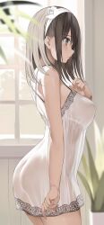 Rule 34 | 1girl, arm at side, artistic error, bad anatomy, bare shoulders, black hair, blue eyes, blurry, blurry foreground, blush, breasts, covered erect nipples, dress, from side, furrowed brow, hairband, highres, indoors, kureha (ironika), large breasts, looking afar, medium hair, original, parted lips, reversed hand, see-through clothes, see-through dress, solo, tsubasa (kureha), upper body, white dress, white hairband, wrong hand