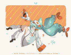 1girl 1other absurdres aqua_eyes aqua_hair beret chinese_commentary commentary_request dress full_body hair_ornament hat hatsune_miku highres leg_warmers long_hair long_sleeves looking_at_viewer orange_pupils shoes sleeves_past_fingers sleeves_past_wrists snowflake_hair_ornament snowflakes toto_(caaaaarrot) very_long_hair vocaloid white_leg_warmers