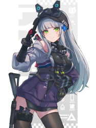 1girl animal_charm baseball_cap baton_(weapon) black_hat black_thighhighs breasts closed_mouth commentary commentary_request cowboy_shot cross_hair_ornament english_commentary expandable_baton flashbang girls&#039;_frontline girls&#039;_frontline_2:_exilium green_eyes grey_background gun hair_ornament handgun hat highres hk416_(girls&#039;_frontline) holding_baton_(weapon) holster holstered jacket klukai_(girls&#039;_frontline_2) long_hair looking_at_viewer magazine_(weapon) mixed-language_commentary multicolored_jacket partially_unzipped ponytail purple_jacket simple_background smile solo tattoo teardrop_facial_mark teardrop_tattoo thigh_holster thighhighs two-tone_background two-tone_jacket weapon white_background white_hair white_jacket yuki_shiro