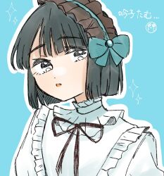 1girl alternate_costume black_hair black_ribbon blue_background blue_bow blunt_bangs blunt_ends bob_cut bow bow_hairband commentary_request frilled_headband frilled_shirt frills hairband link!_like!_love_live! looking_at_viewer love_live! momose_ginko neck_ribbon outline parted_lips puripuri_hurai ribbon shirt short_hair simple_background solo sparkle virtual_youtuber white_outline white_shirt