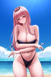 1girl absurdres bare_shoulders beach bikini blue_sky blush breasts collarbone groin highres holding_strap hololive hololive_english large_breasts looking_at_viewer moovalandi mori_calliope navel pink_eyes pink_hair sky sunlight swimsuit thighs