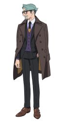 1boy brown_coat brown_shoes challia_bull coat coat_on_shoulders collared_shirt dress_shoes facial_hair formal_clothes full_body glasses goatee green_hair gundam gundam_gquuuuuux hand_in_pocket highres looking_to_the_side male_focus mustache necktie official_art parted_hair purple_shirt purple_vest shirt shoes short_hair simple_background solo standing suit transparent_background trench_coat vest