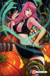 1girl breasts candy cleavage cleavage_cutout clothing_cutout elfen_lied food halloween hassly highres horns jack-o&#039;-lantern long_hair lucy_(elfen_lied) medium_breasts monster_girl neftali_hinojosa pink_hair pumpkin red_eyes see-through_clothes sheer_top sideboob skirt striped_clothes striped_thighhighs thighhighs vectors vest