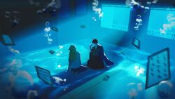 1boy 1girl air_bubble black_hair bubble caustics chihayafuru highres indoors karuta_(card_game) largeonions long_hair scenery sitting sunlight underwater wataya_arata window