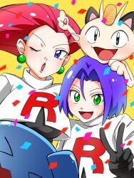 1boy 1girl blue_eyes blue_hair confetti gen_1_pokemon gen_2_pokemon gloves green_eyes h_dt15 james_(pokemon) jessie_(pokemon) looking_at_viewer meowth nintendo one_eye_closed pokemon pokemon_(anime) pokemon_(classic_anime) purple_hair red_hair team_rocket team_rocket_uniform wobbuffet yellow_background