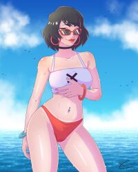 1girl beach bikini black_hair blue_sky body_freckles breasts cloud commentary contrapposto day earrings english_commentary evie_(fortnite) fortnite freckles hoop_earrings iisfernando jewelry navel_piercing outdoors piercing red_lips red_shorts shirt short_hair shorts sky solo sunglasses swimsuit wading