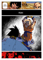 3boys angry bald bald_male black_eyes black_hair blood death dragon_ball english_text highres kuririn multiple_boys muscular muscular_male saiyan_armor scratches serious son_goku speech_bubble sweat sword torn_clothes vegeta weapon