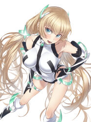 1girl absurdres angela_balzac blonde_hair blue_eyes blush breasts covered_navel deva_battle_suit elbow_gloves gloves hand_on_knee hand_on_own_hip hand_on_own_knee highleg highleg_leotard highres large_breasts leaning_forward leotard long_hair looking_at_viewer low_twintails mecha_pilot_suit open_mouth rakuen_tsuihou simple_background smile solo tororo_kafka twintails very_long_hair white_background