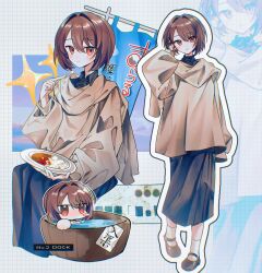 1girl absurdres bathing black_dress black_footwear blush blush_stickers brown_hair chibi closed_mouth commentary_request curry curry_rice dress food hair_between_eyes hand_in_own_hair highres holding holding_spoon hyuuga_(kancolle) kantai_collection kazeshio long_sleeves multiple_views parted_lips red_eyes rice shoes short_hair single_blush_sticker socks sparkle spoon standing white_socks zoom_layer