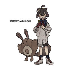 Rule 34 | 1boy, absurdres, ahoge, blue shirt, character name, collared shirt, commentary request, crossed bangs, gen 2 pokemon, gloves, hair between eyes, highres, ichi kawa ichi, jacket, kieran (pokemon), knees, long sleeves, male focus, necktie, nintendo, open mouth, pokemon, pokemon (creature), pokemon sv, red gloves, red necktie, sentret, shirt, shoes, short hair, shorts, single glove, socks, standing, white background