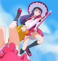 Rule 34 | 3girls, asahina mirai, broom, broom riding, closed eyes, cloud, day, ha-chan (mahou girls precure!), haruyama kazunori, hat, izayoi liko, kneehighs, long hair, magic school uniform (mahou girls precure!), mahou girls precure!, multiple girls, partially visible vulva, precure, purple hair, riko (mahou girls precure!), school uniform, sky, socks, witch hat
