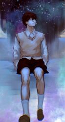 1boy black_eyes black_hair black_shorts collared_shirt full_body hair_over_one_eye hands_in_pockets highres kicking macaronijail male_focus oldest_dream omniscient_reader&#039;s_viewpoint shirt short_hair shorts sitting snowing socks solo vest white_shirt white_socks yellow_vest