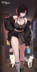 1girl absurdres animal armpits bare_shoulders belt black_choker black_jacket black_shirt black_shorts breasts bystander_hwayoung_(epic_seven) camisole cat choker cleavage closed_mouth commentary_request crop_top epic_seven grey_skirt hair_bun hair_over_one_eye hand_on_own_hip highres hwayoung_(epic_seven) jacket jewelry large_breasts looking_at_viewer medium_hair midriff necklace off_shoulder official_art open_clothes open_jacket orange_eyes pleated_skirt shirt short_shorts shorts skirt skort sleeveless sleeveless_shirt smile socks solo thighs white_socks