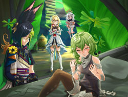 1boy 3girls animal_ears bandages bare_shoulders baron_bunny_(genshin_impact) bed black_hair blonde_hair blue_eyes blush boots breasts closed_eyes collei_(genshin_impact) dress feather_hair_ornament flower genshin_impact good_end green_eyes green_hair hair_flower hair_ornament halo happy happy_tears highres hugging_doll hugging_object long_hair luizhtx lumine_(genshin_impact) mechanical_halo medium_breasts mini_person minigirl multicolored_hair multiple_girls paimon_(genshin_impact) parted_lips shiny_skin short_dress short_hair short_hair_with_long_locks smile stuffed_animal stuffed_rabbit stuffed_toy tears thigh_boots thighhighs tighnari_(genshin_impact) two-tone_hair white_hair yellow_eyes