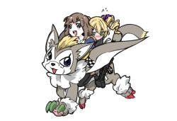 2girls black_footwear blonde_hair blush body_fur boots breasts brown_hair cat chibi digimon digimon_card_game digimon_liberator digua92537359 drill_hair full_body green_eyes grey_fur kinosaki_arisa long_hair multiple_girls riding simple_background tobucatmon twin_drills violet_inboots white_background