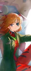 1girl backlighting blue_eyes bodysuit breasts chinese_commentary commentary_request eva_02 evangelion:_3.0+1.0_thrice_upon_a_time eyepatch film_grain frown green_jacket highres hood hooded_jacket interface_headset_(evangelion) jacket mecha mecha_pilot_suit neon_genesis_evangelion orange_hair plugsuit_(evangelion) rebuild_of_evangelion red_bodysuit robot sishisi small_breasts solo souryuu_asuka_langley two_side_up
