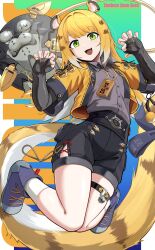 1girl absurdres animal_ear_fluff animal_ears baketsuya bell black_gloves black_shorts blonde_hair bow brown_hair buttons claw_pose collared_shirt colored_inner_hair elbow_gloves fang feet_up fingerless_gloves gloves green_eyes grey_shirt hands_up high-waist_shorts highres hu_wei_(zenless_zone_zero) jacket jewelry jingle_bell ju_fufu long_hair long_tail looking_at_viewer multicolored_hair non-humanoid_robot open_clothes open_jacket open_mouth pendant robot shirt shirt_tucked_in shoes shorts skindentation smile socks tail tail_bow tail_ornament thigh_strap tiger_ears tiger_girl tiger_tail very_long_hair white_hair wing_collar yellow_jacket zenless_zone_zero