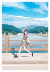 1girl :d absurdres adjusting_clothes adjusting_headwear animal_ears arm_up aya_(lezon) beret black_hair black_shoes blue_archive border bridge brown_hat brown_sweater cat_ears cat_girl cloud cloudy_sky colored_inner_hair commentary_request day extra_ears full_body grey_skirt halo hat highres horizon kazusa_(blue_archive) long_sleeves medium_hair midriff miniskirt multicolored_hair navel open_mouth outdoors pink_hair pink_halo plaid_clothes plaid_skirt pleated_skirt puffy_long_sleeves puffy_sleeves railing red_eyes shirt shoes short_sleeves skirt sky smile socks solo sweater walking white_border white_shirt white_socks wooden_railing