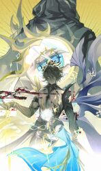 Rule 34 | 3boys, alternate form, antenna hair, armor, asymmetrical wings, black choker, black cloak, black gloves, black shirt, black wings, blonde hair, blue cape, blue eyes, cape, choker, cloak, coat, commentary, cracked skin, dark persona, english commentary, fingerless gloves, flame reaver of the deepest dark, glitch, gloves, hair between eyes, halo, halo behind head, highres, honkai: star rail, honkai (series), hood, hood up, hooded cloak, infinity symbol, male focus, material growth, multiple boys, multiple persona, pauldrons, phainon (honkai: star rail), qinglan1044, shirt, short hair, shoulder armor, single glove, single pauldron, torn clothes, torn shirt, white coat, white hair, wings, yellow blood, yellow eyes, yellow wings