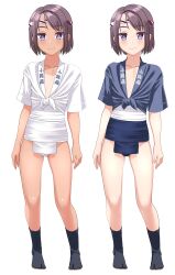 1girl absurdres barefoot black_hair black_socks blue_eyes blue_fundoshi commentary_request covered_navel day full_body fundoshi grey_shirt happi highres japanese_clothes multiple_views original shirt short_hair simple_background sky socks standing tabi takafumi tan tied_shirt white_background