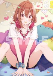 Rule 34 | 1girl, black skirt, blush, breasts, brown eyes, brown hair, closed mouth, collared shirt, commentary request, diagonal-striped clothes, diagonal-striped necktie, double-parted bangs, hair between eyes, headphones, headphones around neck, heart, heart-shaped pillow, highres, indoors, knees up, kohinata iroha (imouuzai), looking at viewer, medium hair, miniskirt, mouth hold, necktie, official art, pillow, pleated skirt, red necktie, sample watermark, school uniform, scrunchie, shirt, short sleeves, sitting, skirt, smile, solo, striped clothes, tomari (veryberry00), tomodachi no imouto ga ore ni dake uzai, watermark, white shirt, wing collar, wrist scrunchie