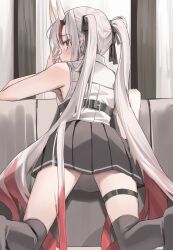 Rule 34 | 1girl, absurdres, armpits, ass, black ribbon, black skirt, black thighhighs, from behind, grey hair, grey shirt, grey skirt, hair ribbon, hand up, highres, hololive, horns, kneeling, long hair, looking at viewer, looking back, miniskirt, multicolored hair, nakiri ayame, nakiri ayame (streetwear), official alternate costume, oni, pleated skirt, red eyes, red hair, ribbon, scarlet (wv0102), shirt, skin-covered horns, skirt, sleeveless, sleeveless shirt, smile, solo, streaked hair, thigh strap, thighhighs, twintails, variant set, very long hair, virtual youtuber, white hair