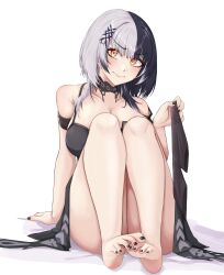 1girl absurdres armlet bare_legs barefoot black_dress black_hair black_nails breasts cleavage dress feet grey_hair highres hololive hololive_english jewelry knees_up large_breasts legs mmneko multicolored_hair nail_polish shiori_novella shiori_novella_(1st_costume) soles solo split-color_hair spread_toes toe_scrunch toenail_polish toenails toes transparent_background two-tone_hair virtual_youtuber yellow_eyes
