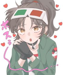 1girl 3d_glasses :o an-an_lee black_choker black_gloves black_hair choker choko_(1839) earrings eyewear_on_head fingerless_gloves furrowed_brow gloves green_jacket hands_up heart highres interlocked_fingers jacket jewelry looking_at_viewer medium_hair own_hands_together ponytail reverse:1999 shirt single_tear solo upper_body white_background white_shirt yellow_eyes yin_yang