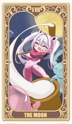 1girl absurdres alice_(nikke) animal_ear_headphones animal_ears blush bodysuit breasts closed_eyes covered_navel deformed fake_animal_ears food goddess_of_victory:_nikke headphones headset highres holding holding_mallet impossible_bodysuit impossible_clothes jacket kine kurono_suzuran large_breasts latex latex_bodysuit long_hair mallet mochi mochi_trail mochitsuki moon_rabbit mortar_(bowl) open_mouth pink_bodysuit rabbit_ears shrug_(clothing) skin_tight smile solo tarot the_moon_(tarot) twintails