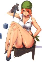 1girl ashiomi_masato bandana black_panties breasts final_fantasy final_fantasy_iii gloves knife looking_at_viewer midriff orange_hair panties refia short_hair simple_background solo square_enix thief_(final_fantasy) underwear white_background