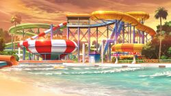 cloud cloudy_sky highres inflatable_toy ladder lens_flare no_humans non-web_source official_art orange_sky our_life:_beginnings_and_always outdoors palm_tree pool railing scenery shore sky stairs sunset tree variant_set vent_(object) wading_pool water_slide waterpark waving