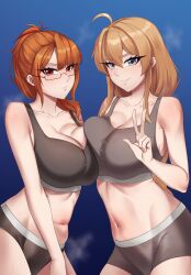 2girls absurdres ahoge asymmetrical_docking blonde_hair breast_press breasts cleavage closed_mouth collarbone drunktatsu eyelashes glasses grey_eyes grey_sports_bra highres indie_virtual_youtuber large_breasts mako_fukasame mole mole_under_eye multiple_girls navel orange_hair red_eyes semi-rimless_eyewear sports_bra steaming_body sweat v virtual_youtuber whiskey_project